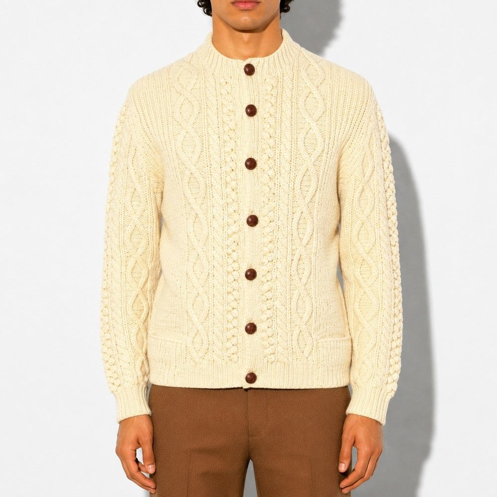 Vintage Cable Popcorn Knit Wool Sweater Mens M L Cream Leather Buttons Cardigan